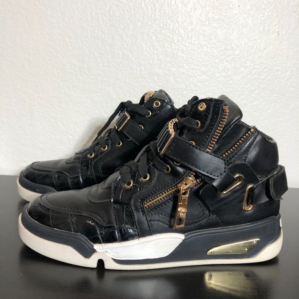 Versace Medusa High Top Sneakers – Black Leather Gold Hardware – Men’s Size 44 - Picture 5 of 14